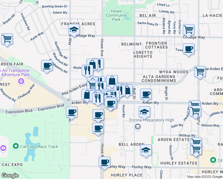 map of restaurants, bars, coffee shops, grocery stores, and more near 2200-2208 Alta Arden Expy in Sacramento