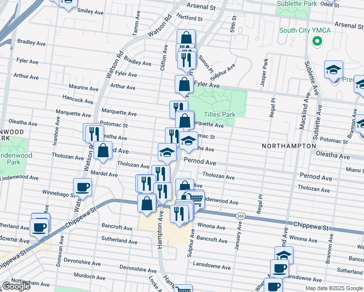 map of restaurants, bars, coffee shops, grocery stores, and more near 3510 Hampton Avenue in St. Louis