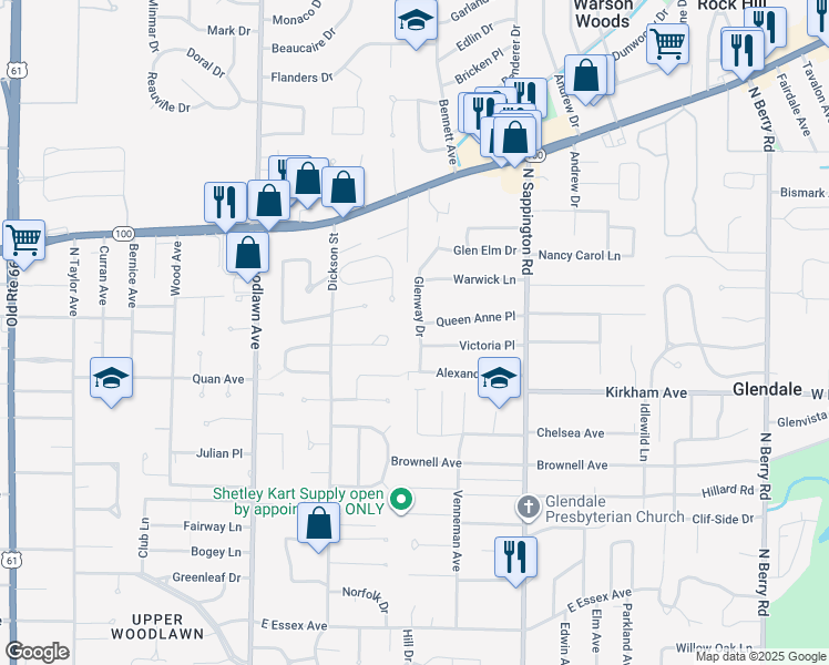 map of restaurants, bars, coffee shops, grocery stores, and more near 925 Glenway Drive in St. Louis