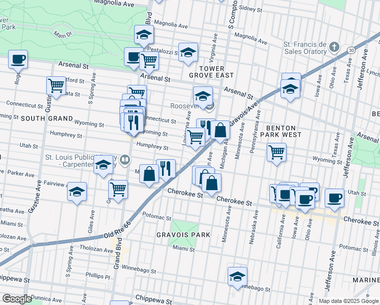map of restaurants, bars, coffee shops, grocery stores, and more near 3316 Humphrey Street in St. Louis