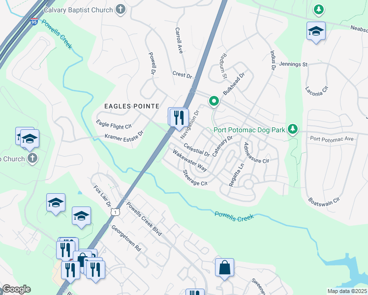 map of restaurants, bars, coffee shops, grocery stores, and more near 2711 Celestial Drive in Woodbridge
