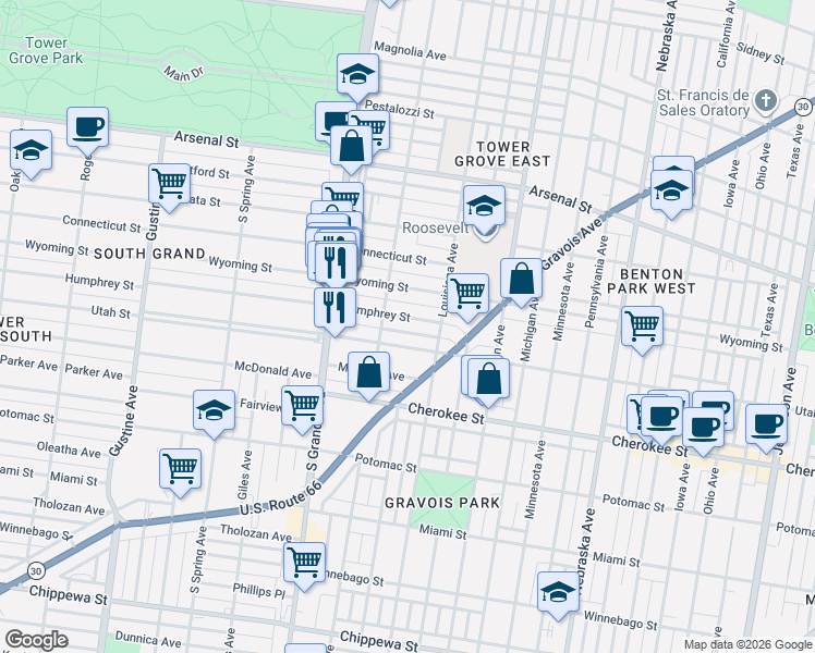 map of restaurants, bars, coffee shops, grocery stores, and more near 3437 Humphrey Street in St. Louis