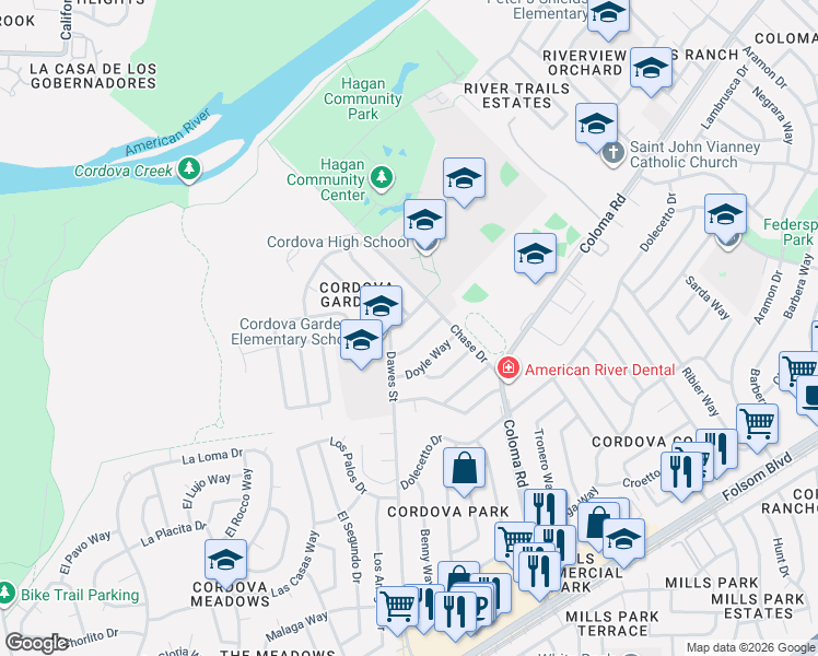 map of restaurants, bars, coffee shops, grocery stores, and more near 10320 Rinda Drive in Rancho Cordova