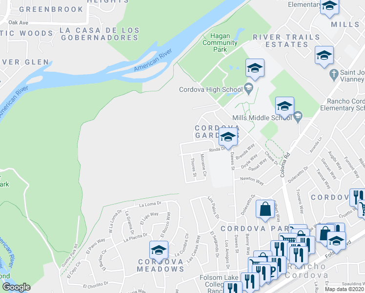 map of restaurants, bars, coffee shops, grocery stores, and more near 10217 Agnes Circle in Rancho Cordova