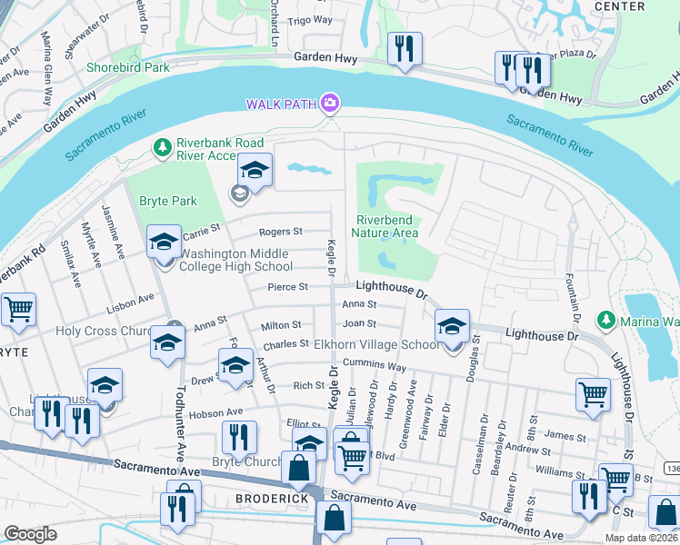 map of restaurants, bars, coffee shops, grocery stores, and more near 525 Westlake Drive in West Sacramento