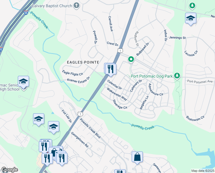 map of restaurants, bars, coffee shops, grocery stores, and more near 2784 Wakewater Way in Woodbridge