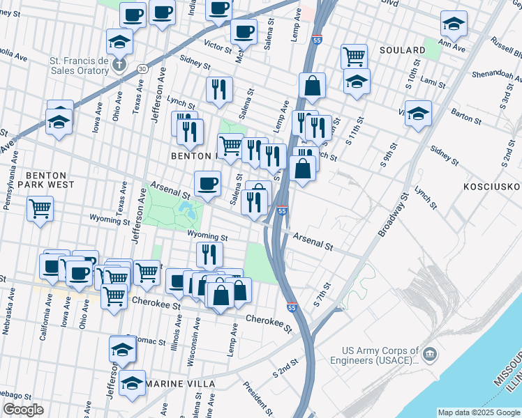 map of restaurants, bars, coffee shops, grocery stores, and more near 3002 Lemp Avenue in St. Louis