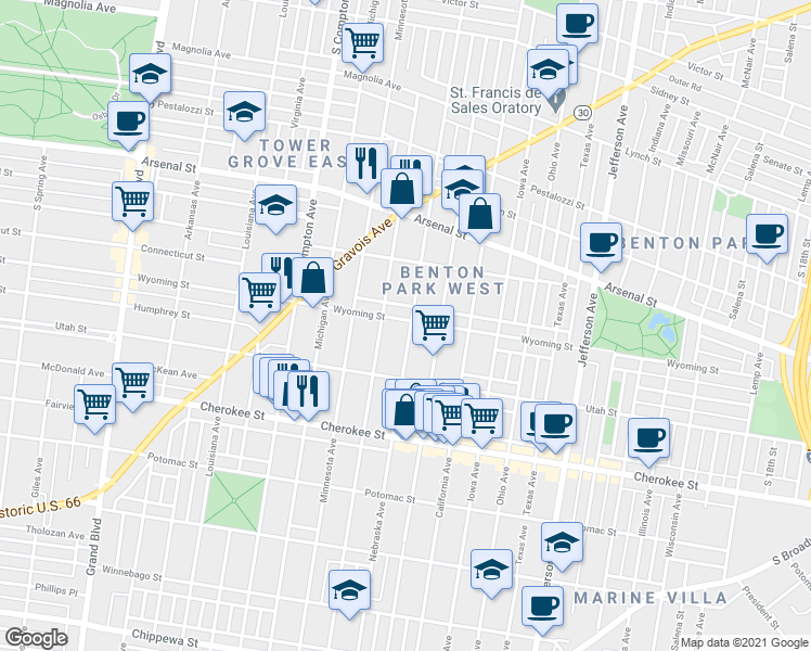 map of restaurants, bars, coffee shops, grocery stores, and more near 2927 Wyoming Street in St. Louis