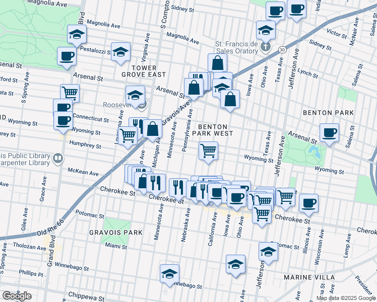 map of restaurants, bars, coffee shops, grocery stores, and more near 2927 Wyoming Street in St. Louis