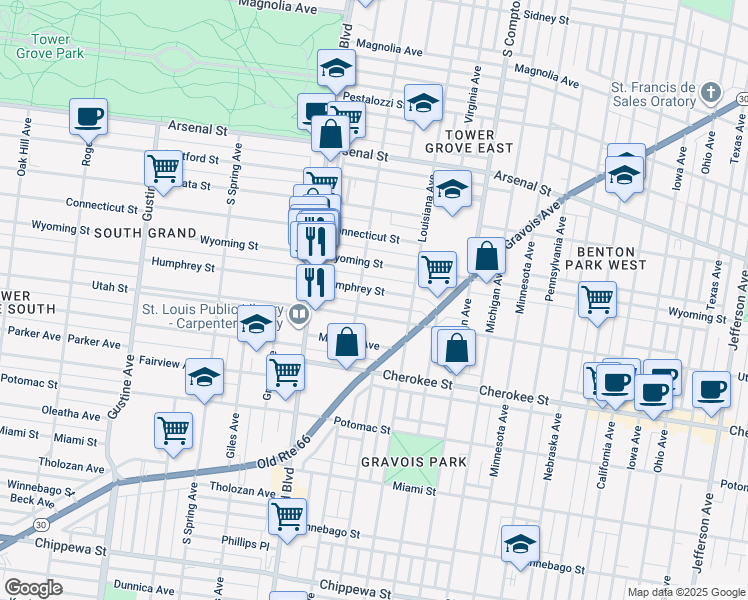 map of restaurants, bars, coffee shops, grocery stores, and more near 3437 Humphrey Street in St. Louis