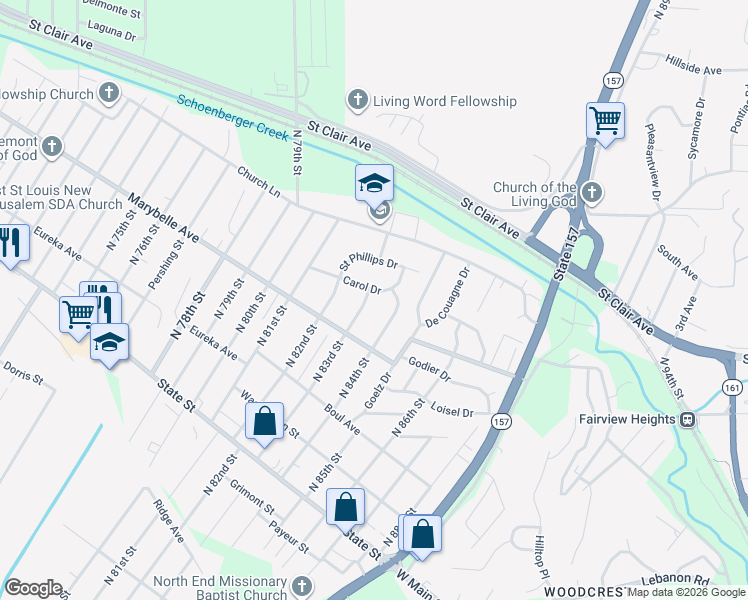 map of restaurants, bars, coffee shops, grocery stores, and more near 8224 Carol Drive in East St. Louis