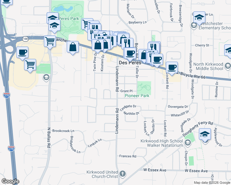 map of restaurants, bars, coffee shops, grocery stores, and more near 973 Lindemann Road in Des Peres