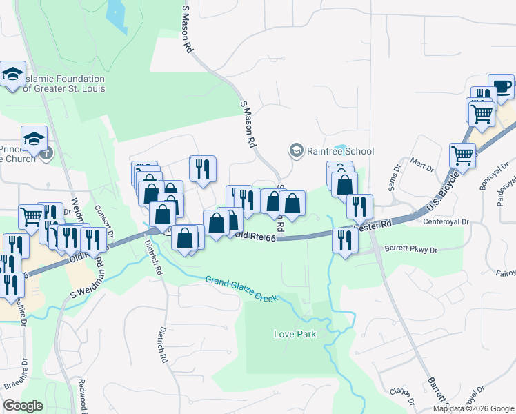 map of restaurants, bars, coffee shops, grocery stores, and more near 2122 Mason Lake Drive in Ballwin