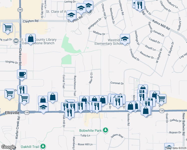 map of restaurants, bars, coffee shops, grocery stores, and more near 133 Mar-El Court in Ellisville