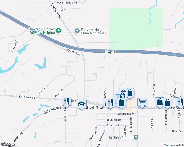 map of restaurants, bars, coffee shops, grocery stores, and more near 10025 Bunkum Road in Fairview Heights