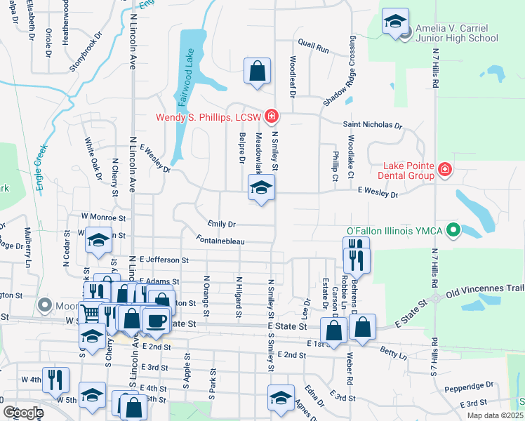 map of restaurants, bars, coffee shops, grocery stores, and more near 707 North Smiley Street in O'Fallon