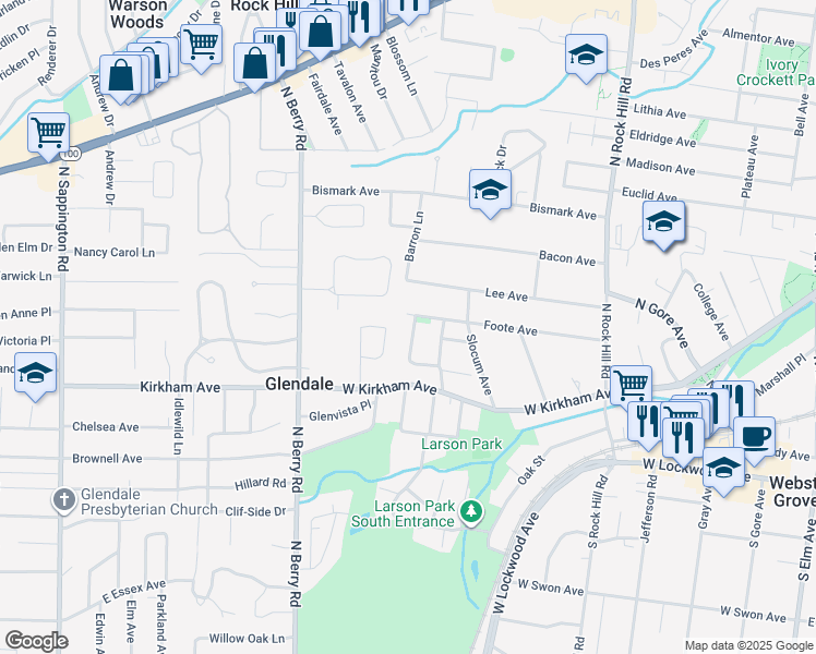 map of restaurants, bars, coffee shops, grocery stores, and more near 167 Hammel Avenue in Webster Groves