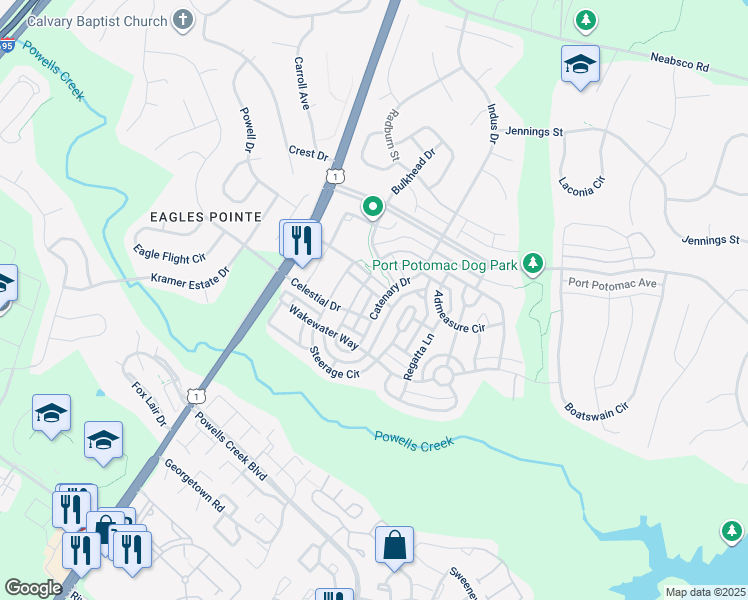 map of restaurants, bars, coffee shops, grocery stores, and more near 16270 Catenary Drive in Woodbridge