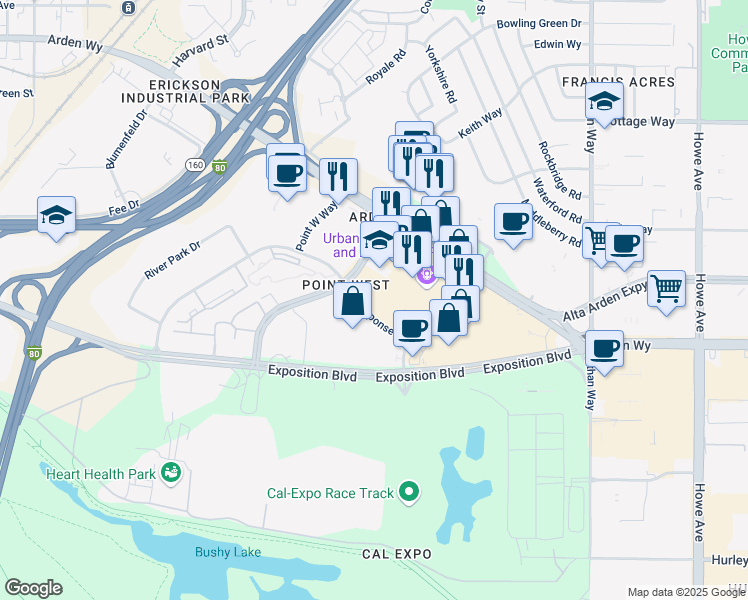 map of restaurants, bars, coffee shops, grocery stores, and more near 1601 Response Road in Sacramento