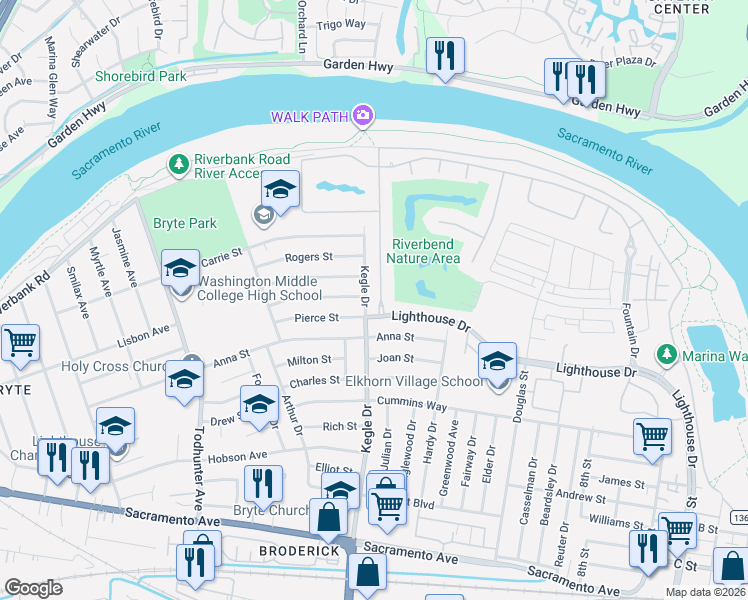 map of restaurants, bars, coffee shops, grocery stores, and more near 525 Westlake Drive in West Sacramento