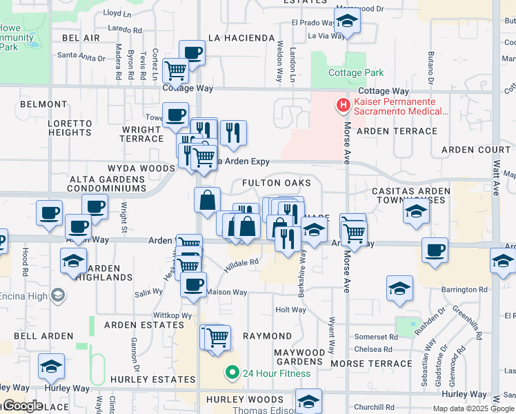 map of restaurants, bars, coffee shops, grocery stores, and more near 1791 Kubel Circle in Sacramento