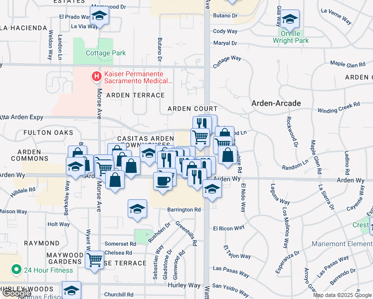 map of restaurants, bars, coffee shops, grocery stores, and more near 3419 Arden Way in Sacramento