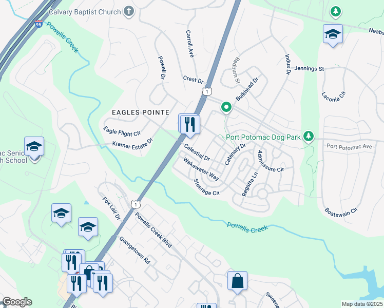 map of restaurants, bars, coffee shops, grocery stores, and more near 2719 Celestial Drive in Woodbridge