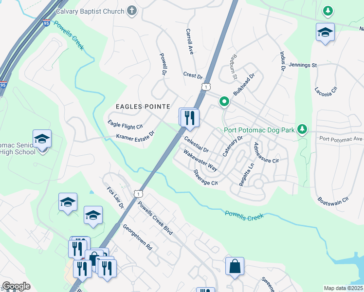 map of restaurants, bars, coffee shops, grocery stores, and more near 2790 Wakewater Way in Woodbridge