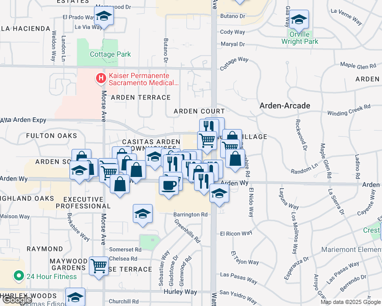 map of restaurants, bars, coffee shops, grocery stores, and more near 3419 Arden Way in Sacramento