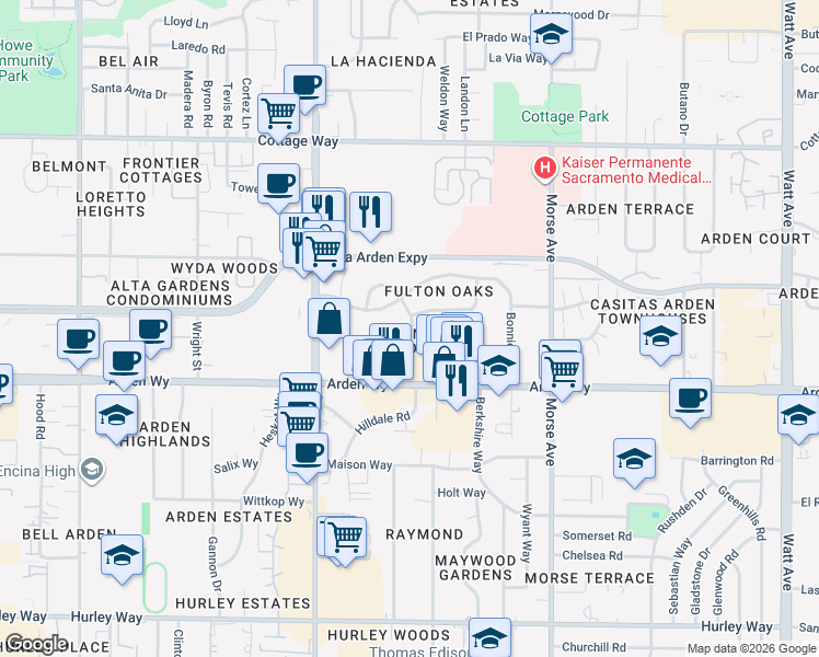 map of restaurants, bars, coffee shops, grocery stores, and more near 1791 Kubel Circle in Sacramento