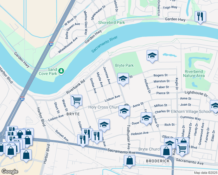 map of restaurants, bars, coffee shops, grocery stores, and more near 601 Jasmine Avenue in West Sacramento
