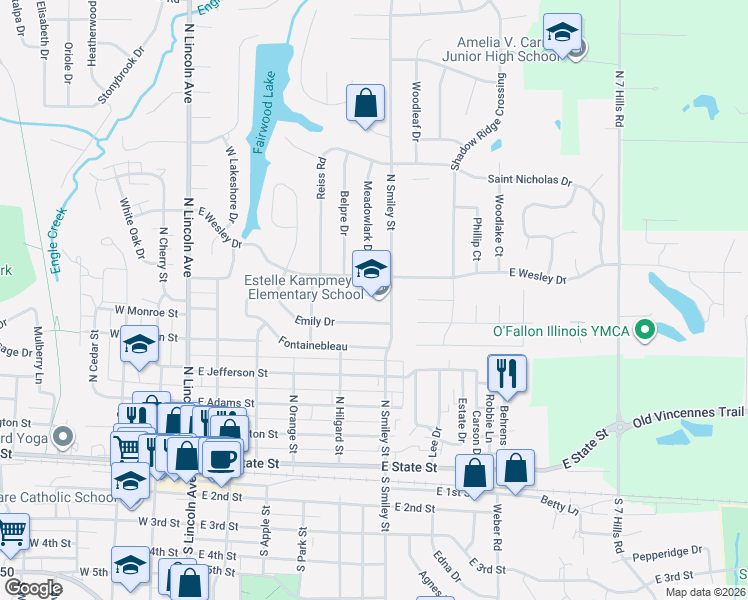 map of restaurants, bars, coffee shops, grocery stores, and more near 710 North Smiley Street in O'Fallon