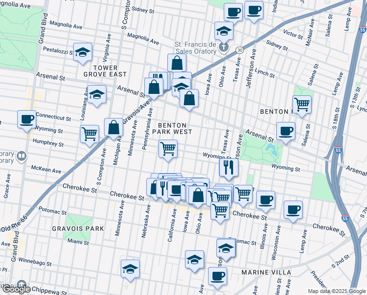 map of restaurants, bars, coffee shops, grocery stores, and more near 3171 California Avenue in St. Louis