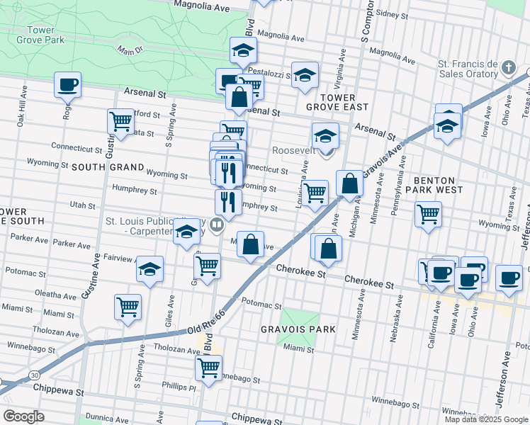 map of restaurants, bars, coffee shops, grocery stores, and more near 3437 Humphrey Street in St. Louis