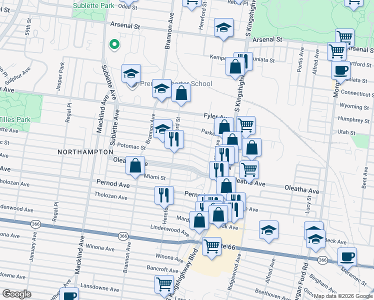 map of restaurants, bars, coffee shops, grocery stores, and more near 4980 Fairview Avenue in St. Louis