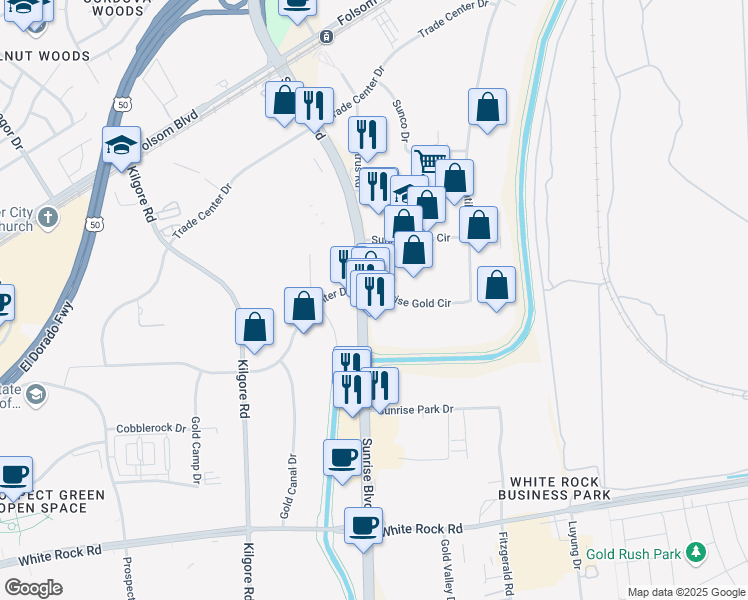 map of restaurants, bars, coffee shops, grocery stores, and more near 11492 Sunrise Gold Circle in Rancho Cordova