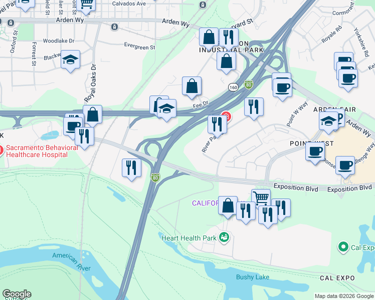 map of restaurants, bars, coffee shops, grocery stores, and more near 1425 River Park Drive in Sacramento