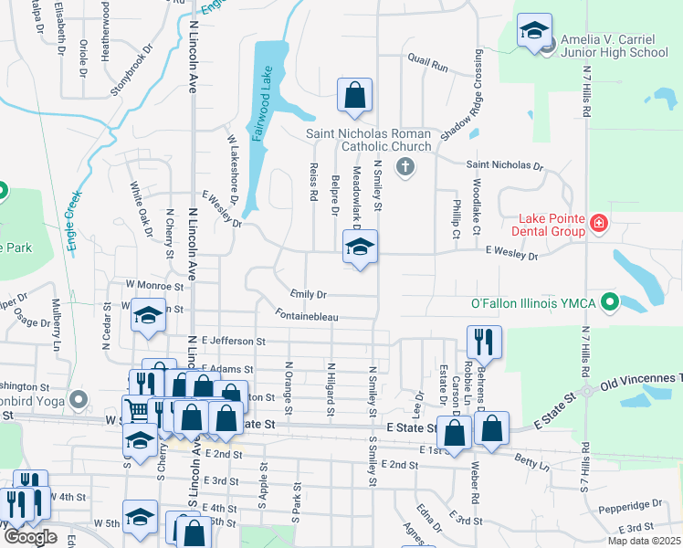 map of restaurants, bars, coffee shops, grocery stores, and more near 707 North Smiley Street in O'Fallon
