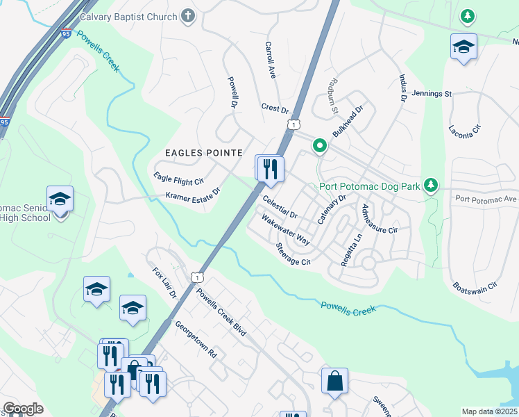 map of restaurants, bars, coffee shops, grocery stores, and more near 2790 Wakewater Way in Woodbridge