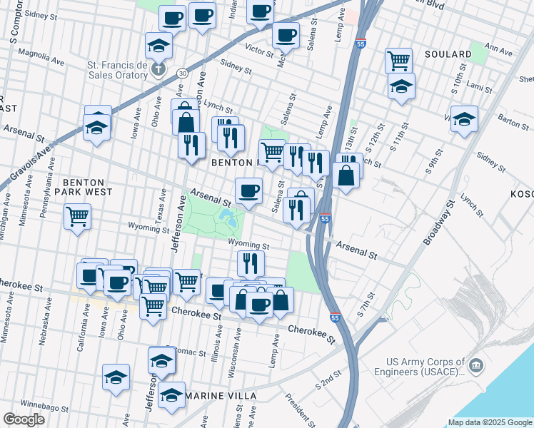 map of restaurants, bars, coffee shops, grocery stores, and more near 1939 Arsenal Street in St. Louis