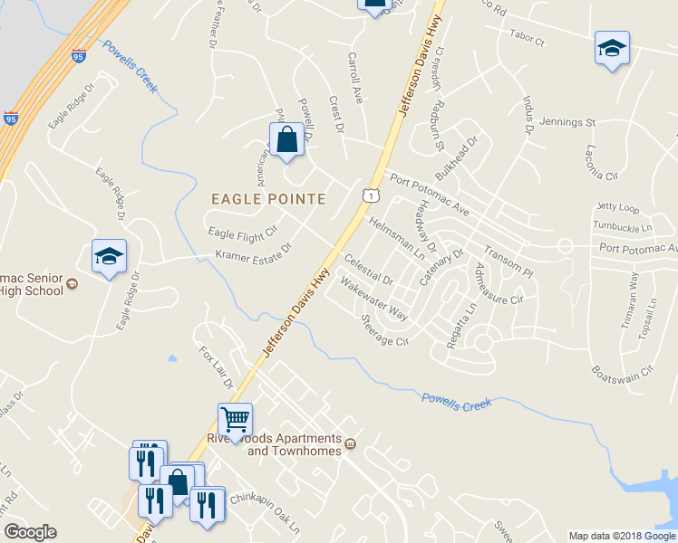 map of restaurants, bars, coffee shops, grocery stores, and more near 2792 Wakewater Way in Woodbridge