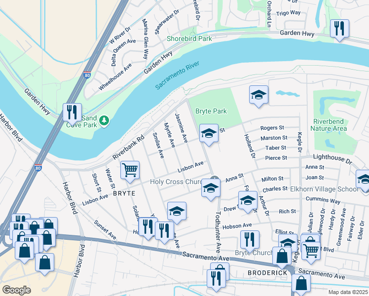 map of restaurants, bars, coffee shops, grocery stores, and more near 601 Jasmine Avenue in West Sacramento