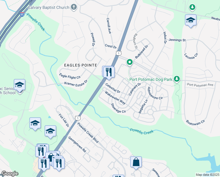 map of restaurants, bars, coffee shops, grocery stores, and more near 2719 Celestial Drive in Woodbridge