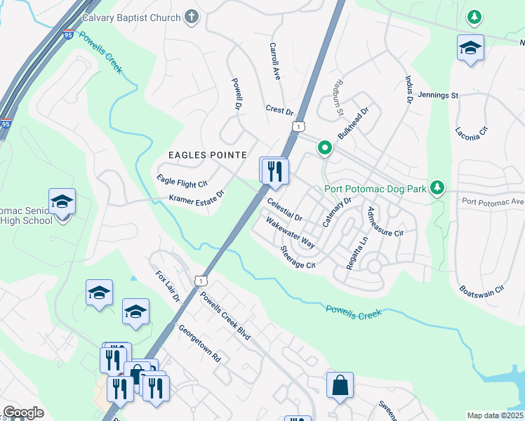 map of restaurants, bars, coffee shops, grocery stores, and more near 2792 Wakewater Way in Woodbridge