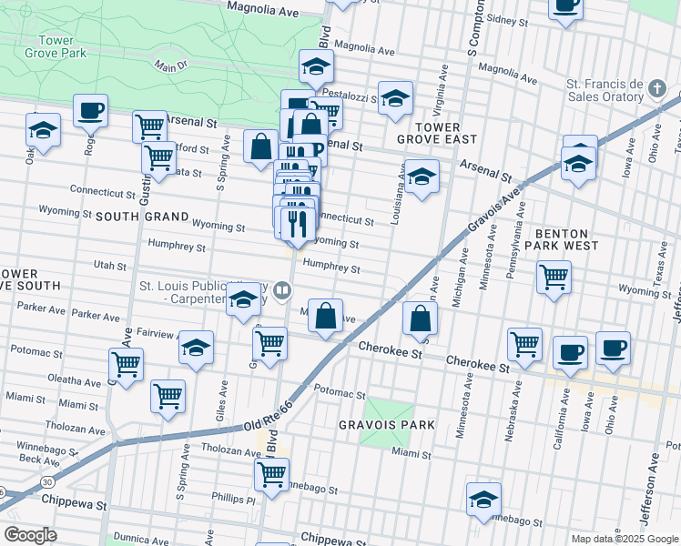 map of restaurants, bars, coffee shops, grocery stores, and more near 3456 Humphrey Street in St. Louis
