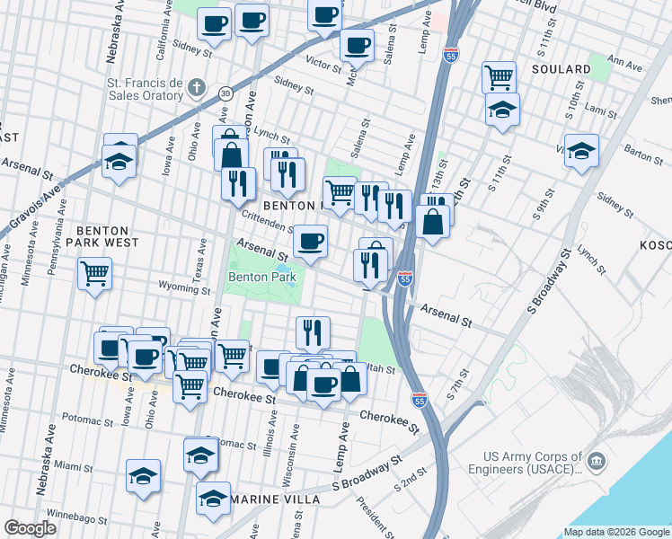 map of restaurants, bars, coffee shops, grocery stores, and more near 3015 Salena Street in St. Louis