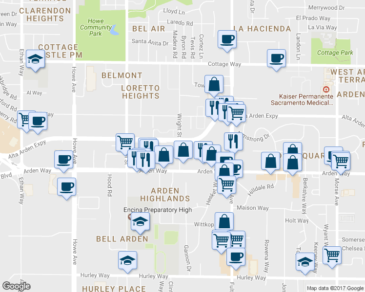 map of restaurants, bars, coffee shops, grocery stores, and more near 1750 Wright Street in Sacramento