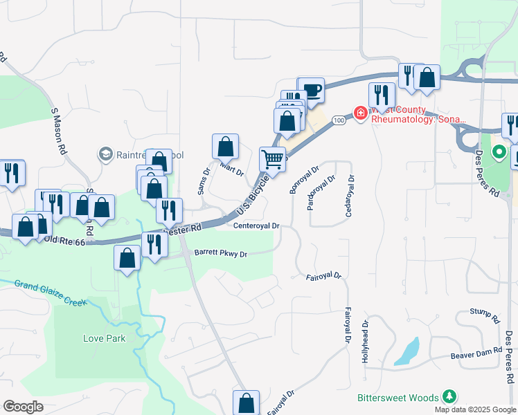 map of restaurants, bars, coffee shops, grocery stores, and more near 13460 Manchester Road in Des Peres