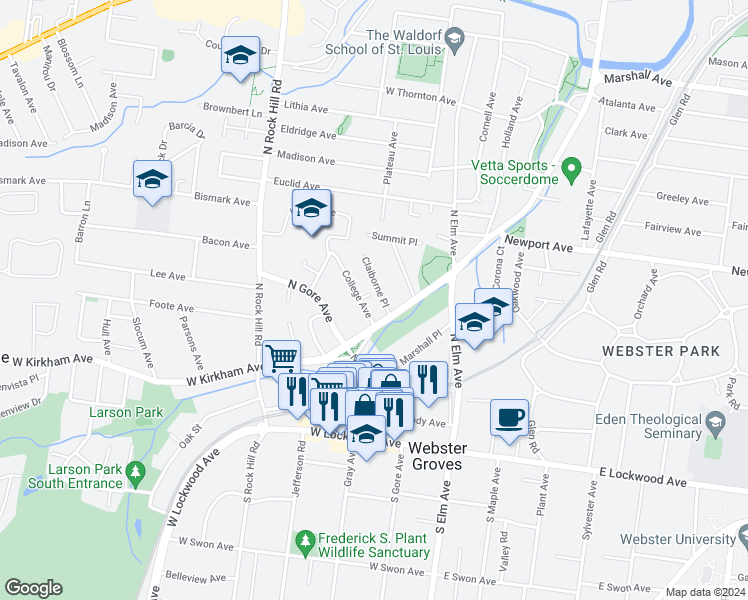 map of restaurants, bars, coffee shops, grocery stores, and more near 136 Thompson Place in Webster Groves