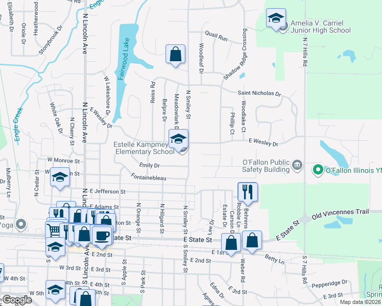 map of restaurants, bars, coffee shops, grocery stores, and more near 710 North Smiley Street in O'Fallon